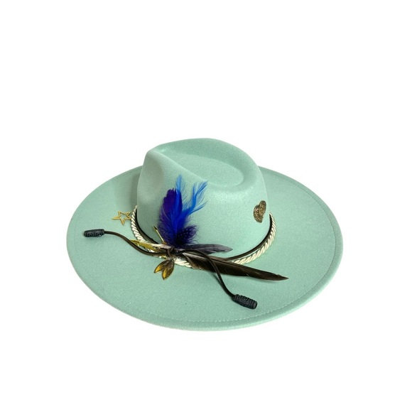 Unisex Customized wide brim teal Fedora hat. - Picture 8 of 14